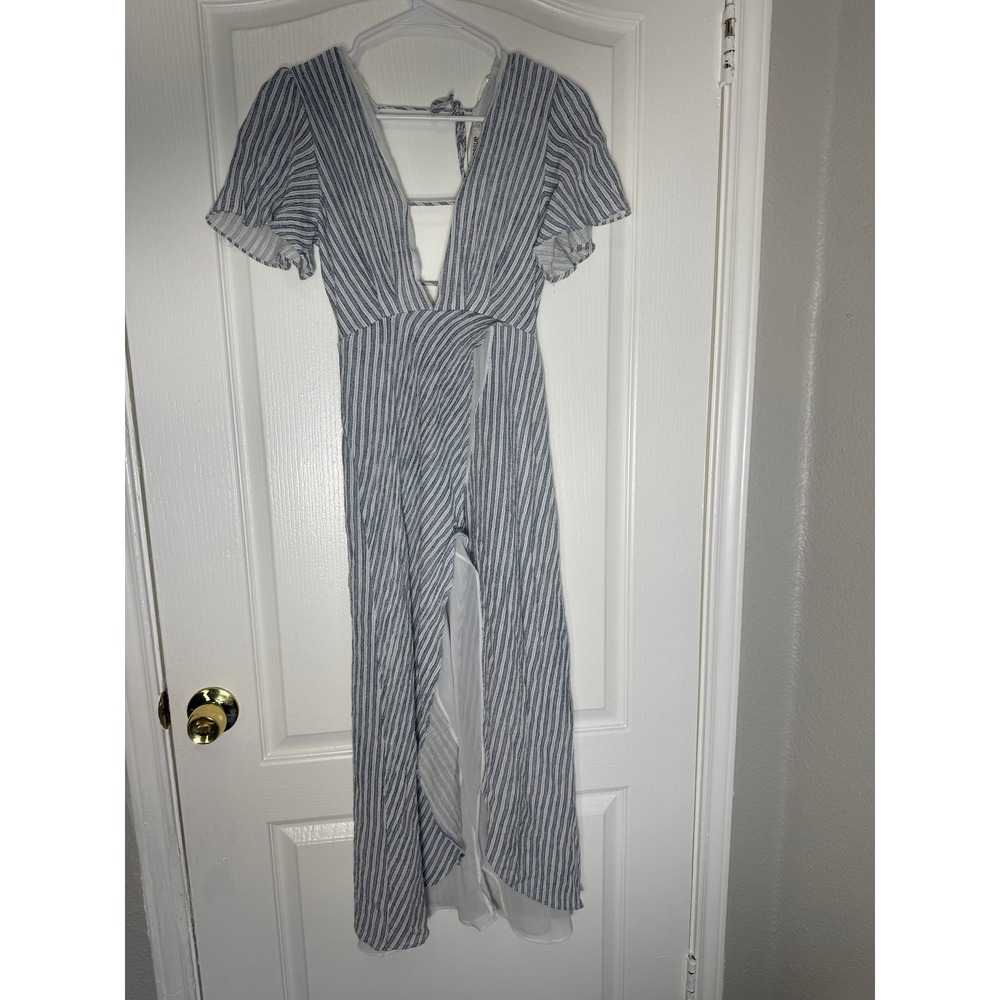 Essue Blue White Striped V-Neck Maxi Dress Flutter Sleeve Open Back Tassel S
